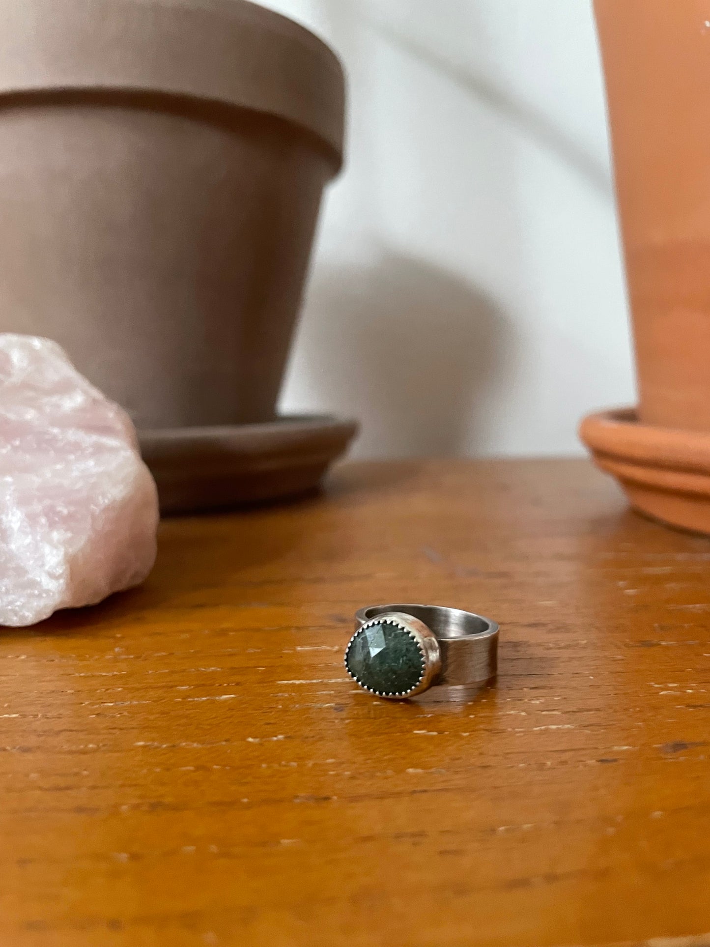 Faceted Moss Agate and Sterling Ring - US 6.5